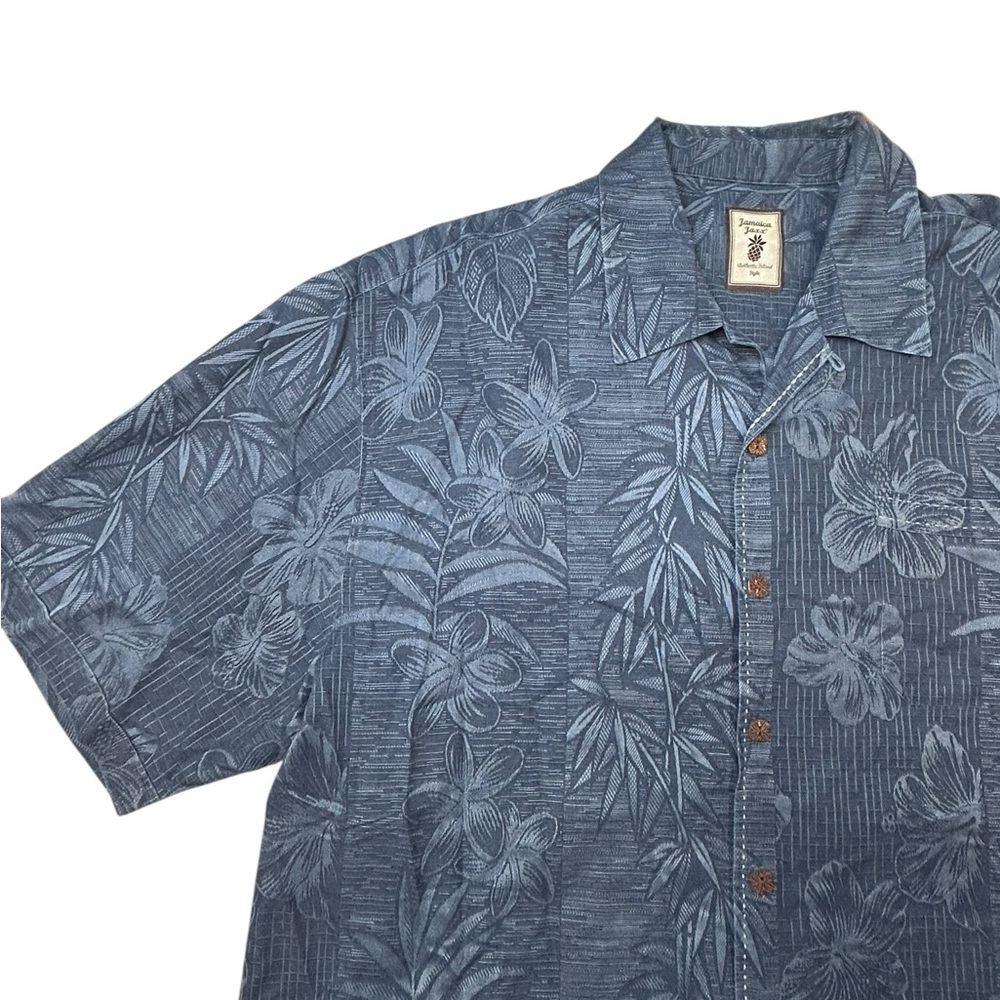 Jamaica Jaxx Men’s Blue Tropical Button‎ Down 100% Silk Textured Shirt XL
